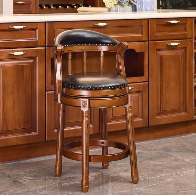 Sgabello da bar girevole a 360° in pelle bovina e legno; altezza seduta 66 cm; nero