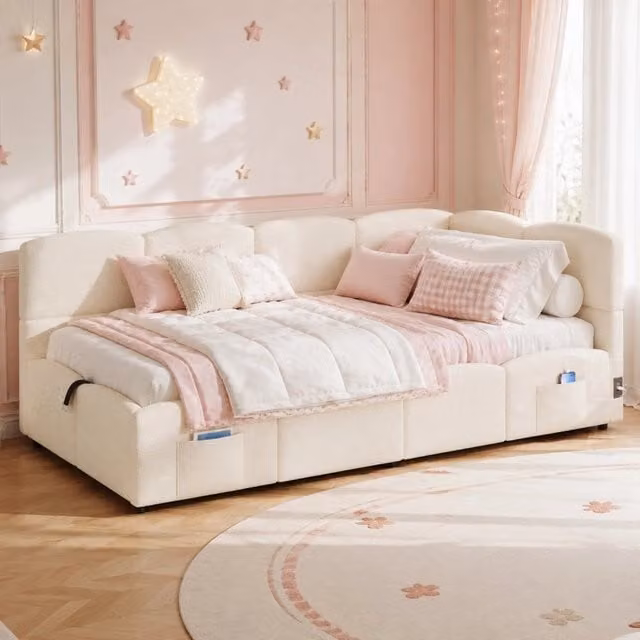 Letto da giorno ULEVR 90x200 cm con contenitore idraulico, porte USB-A e USB-C, tasche laterali, boucl¨¦ beige