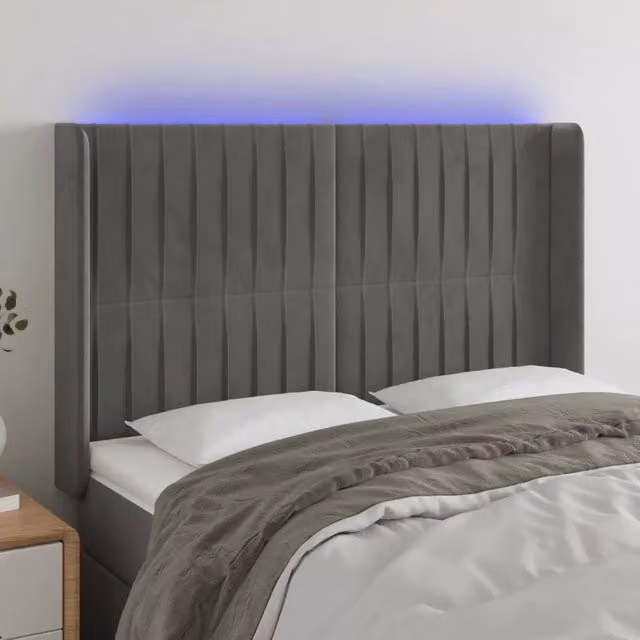 Testiera con LED Design Mania in Velluto Grigio Chiaro con Porte USB, L: 147 cm, P: 16 cm, H: 118-128 cm