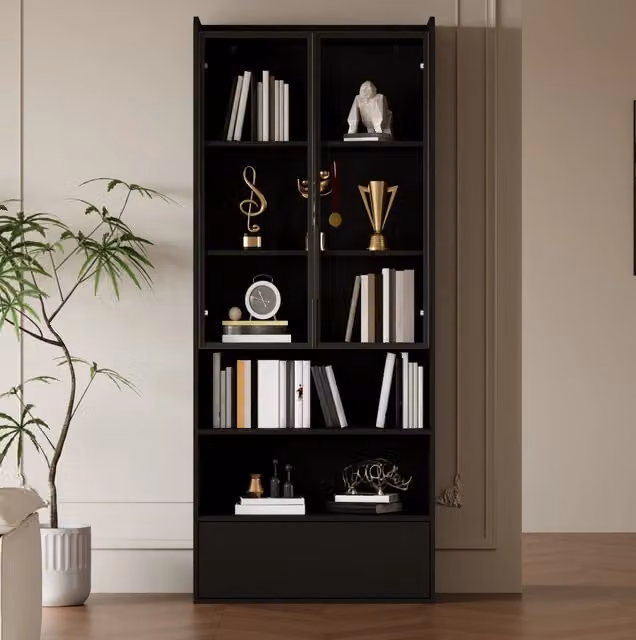 Vetrina alta con LED e 1 cassetto 80 x 34 x 180 cm; nero in MDF e vetro
