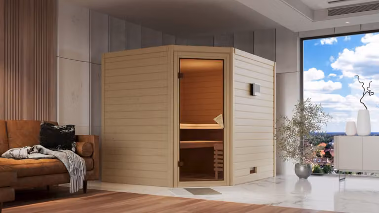 Sauna Karibu Cabina interna Tanami Sauna interna 3 panche in legno con finitura naturale Cabina sauna Spessore parete: 40 mm Sauna a infrarossi