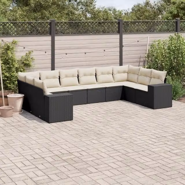 Set di divani da giardino moderno vidaXL composto da 10 pezzi con cuscini bianchi e struttura in metallo nero e rattan – 1