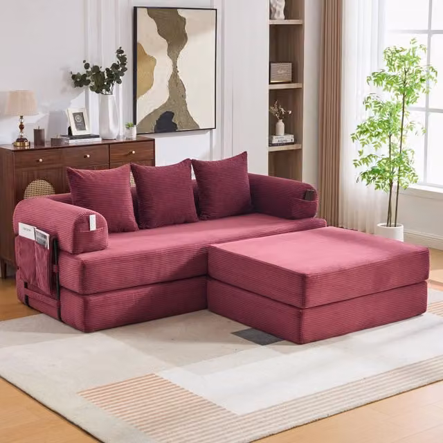Divano modulare L Mivray in velluto a coste rosso con pouf e 3 cuscini – 1