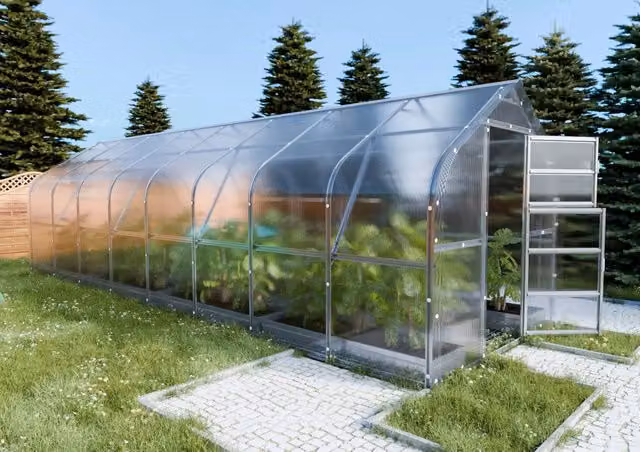 Serra da giardino KLASIKA DROP con rivestimento in policarbonato trasparente e struttura in acciaio zincato, L: 8 m, P: 2,5 m, H: 2,5 m