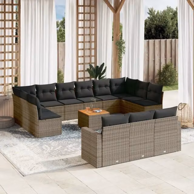 Set di divani da giardino VIDAXL in polyrattan grigio con 14 pezzi e cuscini