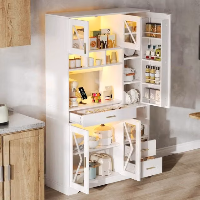 Credenza da cucina con vetrina LED multicolore; prese e USB; ripiani regolabili; MDF bianco