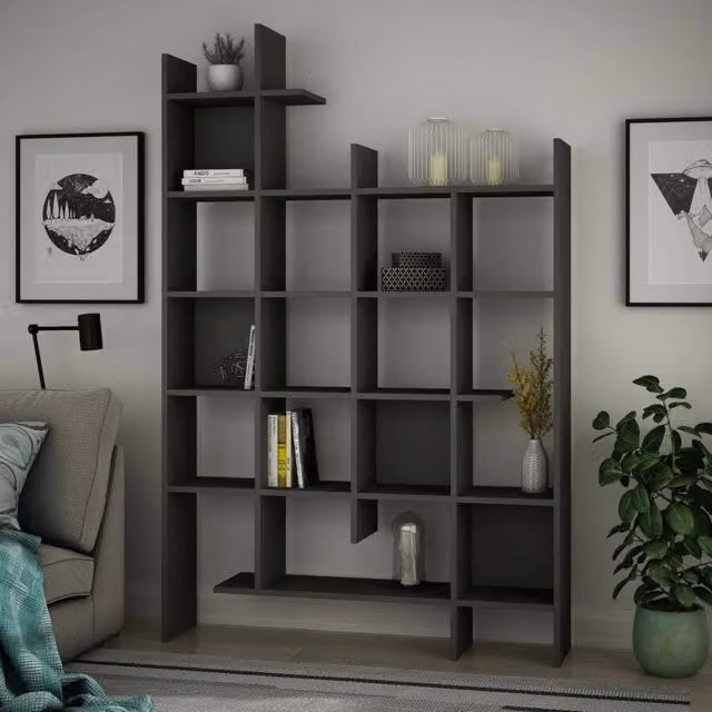 Libreria DMORA Achela Antracite, Scaffale Moderno da Ufficio o Soggiorno, L 122 x P 25,5 x H 188 cm – 1