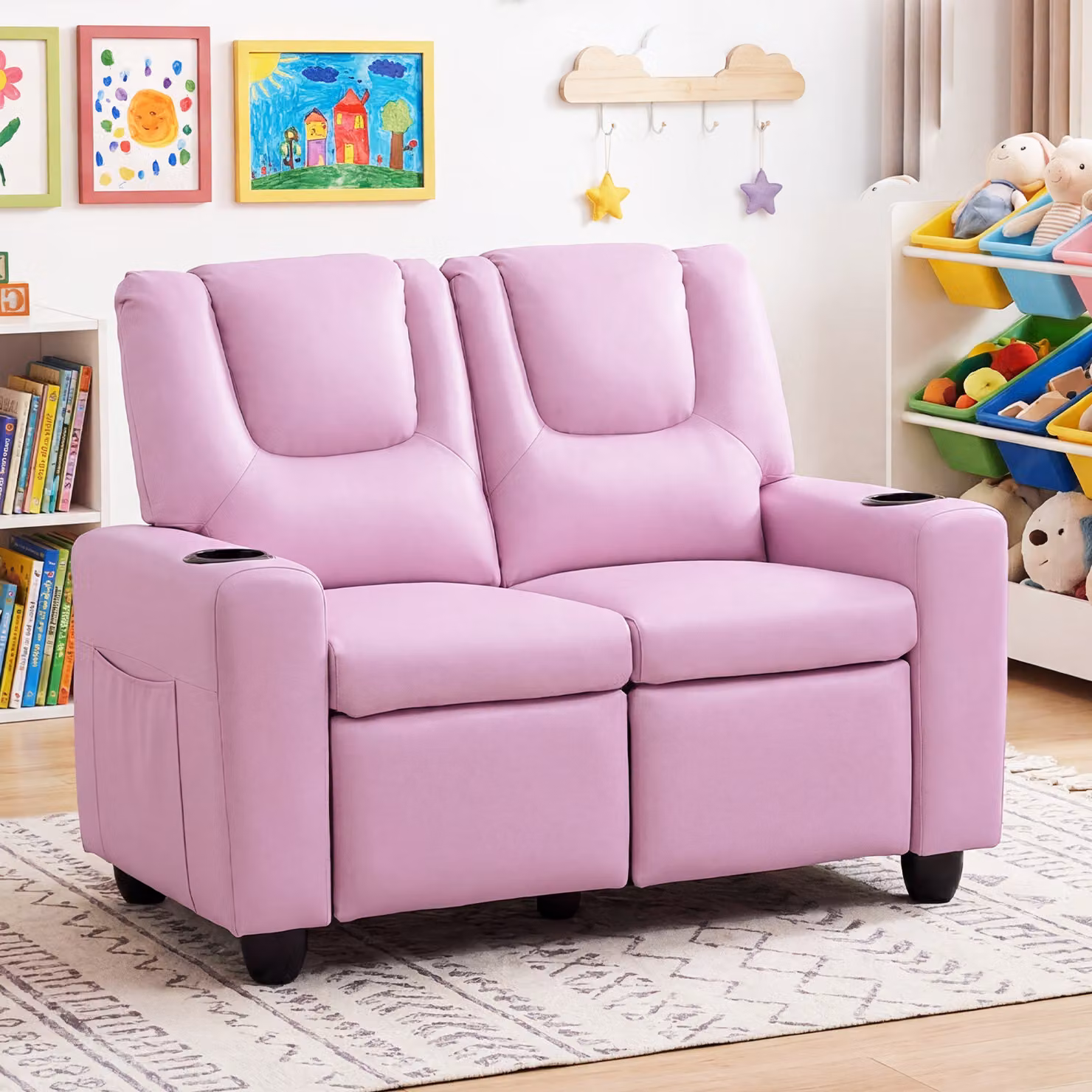 Divanetto Costway a 2 posti per bambini con poggiapiedi reclinabile e portabicchieri, colore rosa