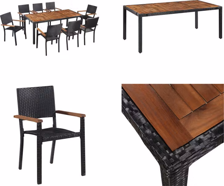 vidaXL 9 pezzi set da pranzo da giardino in rattan acacia nero - Set da pranzo - Set da pranzo - Set da pranzo da patio - Set da pranzo da patio