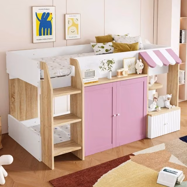 Letto casa per bambini 90x200; letto rialzato basso con scala e contenitore; rosa e bianco