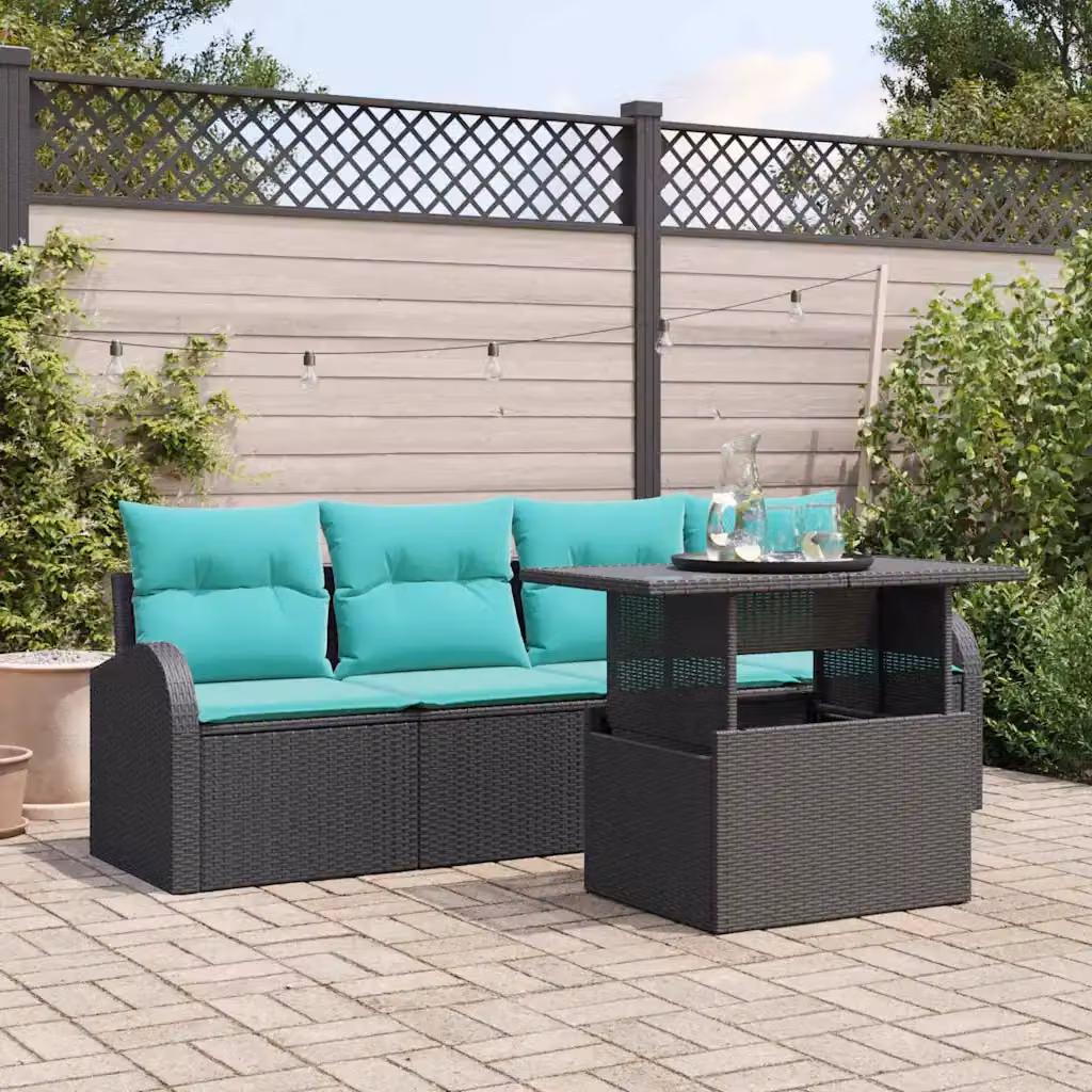Set Divano da Giardino vidaXL 5 Pezzi con Tavolino, Colore Nero e Turchese, Struttura in Metallo e Rattan con Cuscini Imbottiti e Rivestimenti Rimovibili