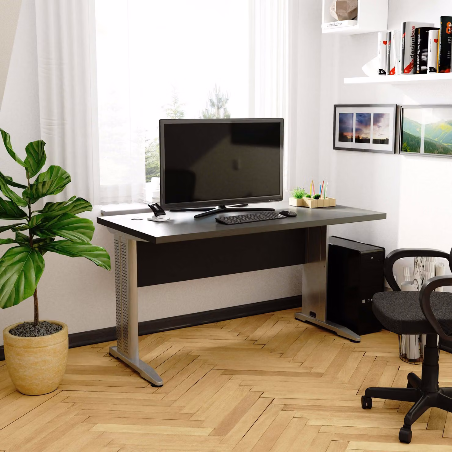 Scrivania 135x60 cm con gambe in metallo, ideale come scrivania per computer o per lavoro, con passacavo