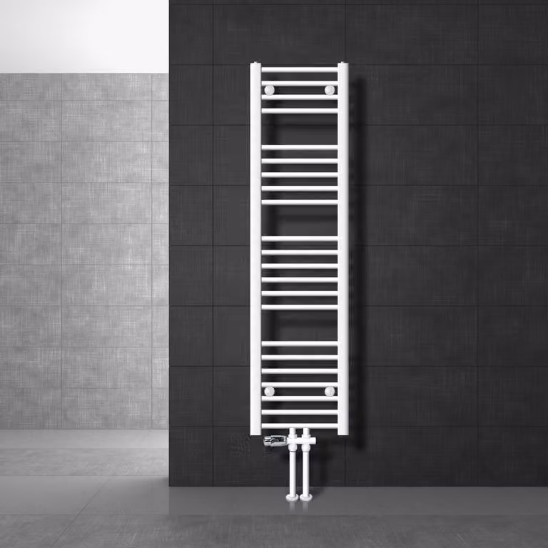 LuxeBath Radiatore da bagno attacco centrale 300 x 1400 mm bianco diritto con termostato e set di collegamento attraverso il pavimento bianco - Radiatore, senza elemento riscaldante
