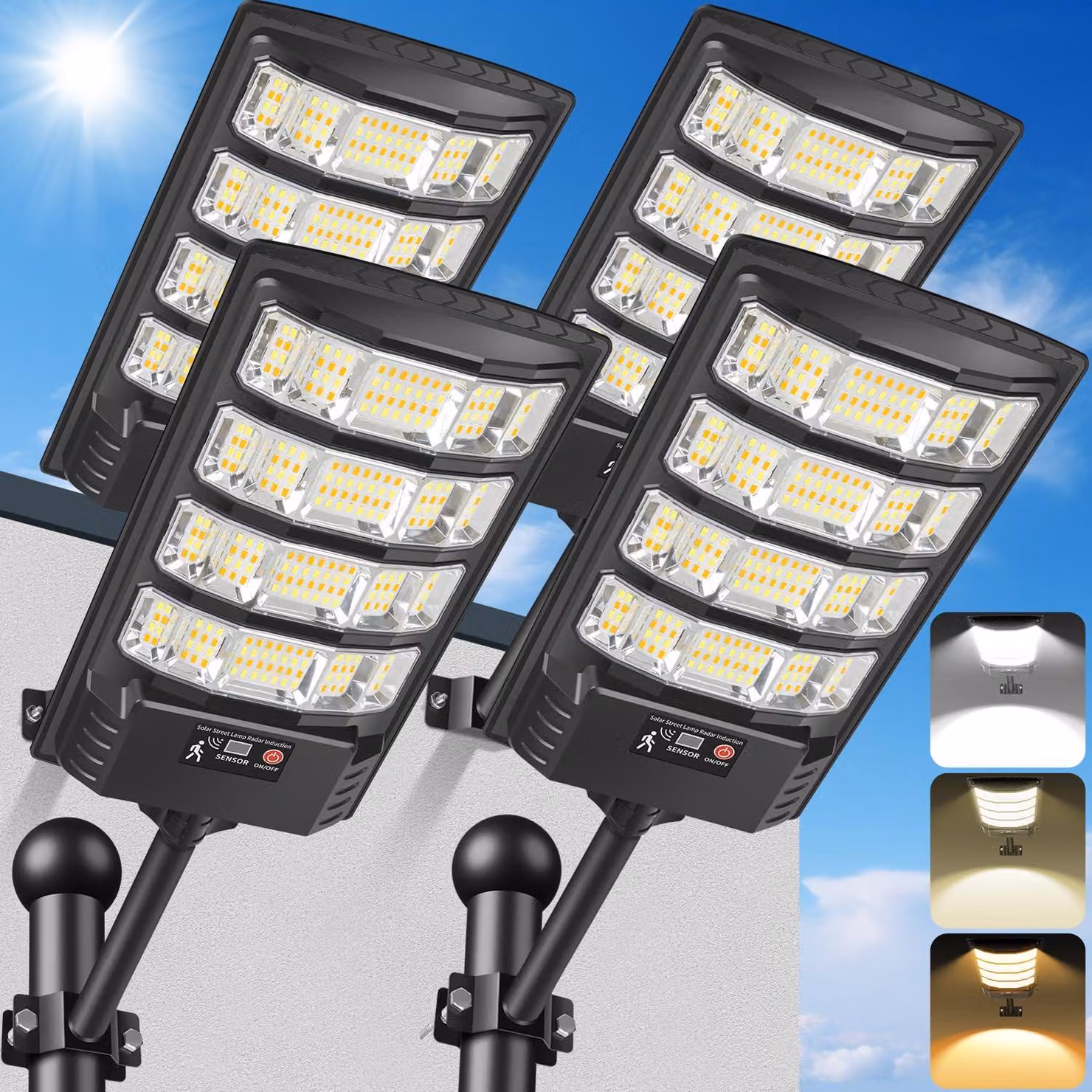 Set di 4 lampioni solari, con LED, sensore di movimento, telecomando e grado di protezione IP65
