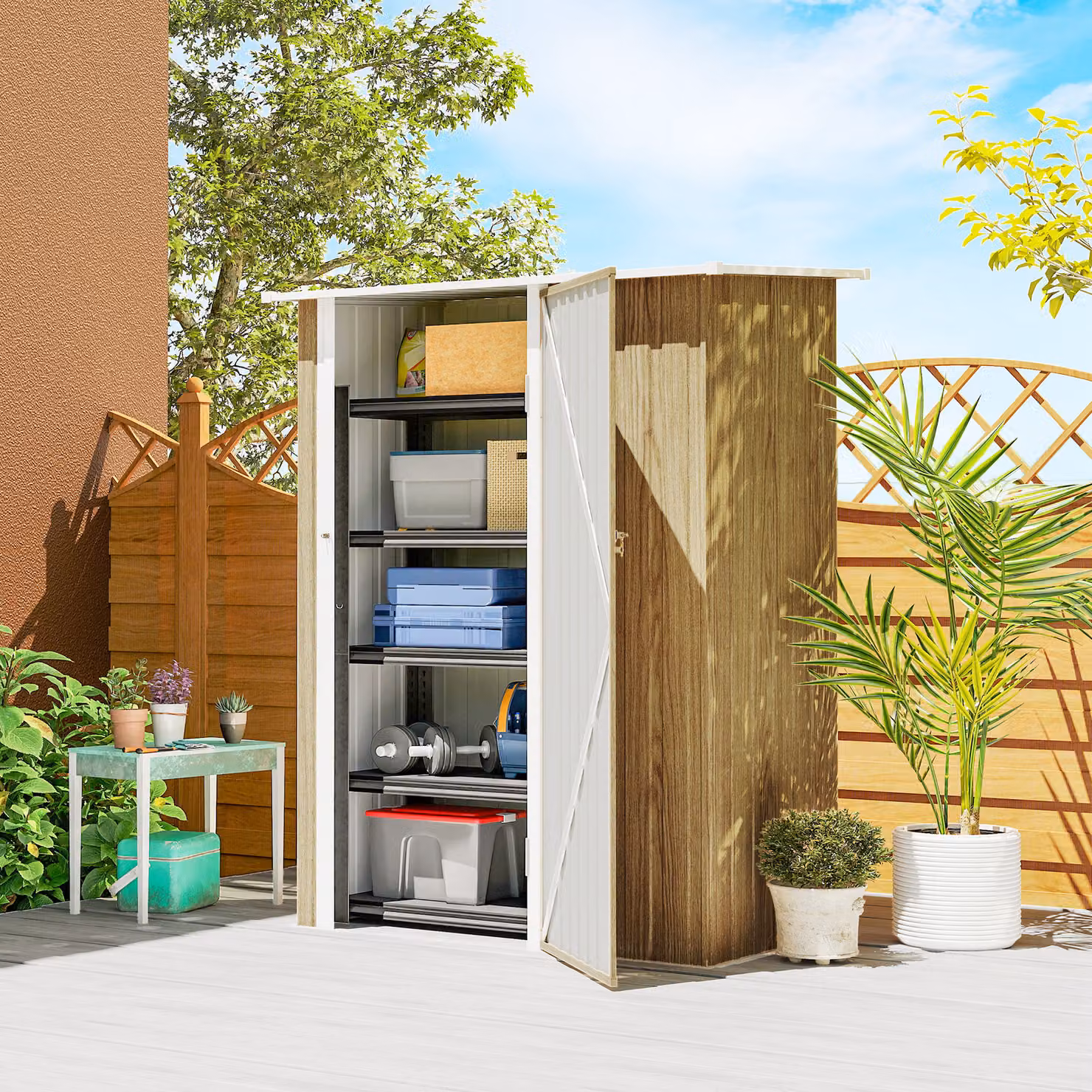 Capanno porta attrezzi in metallo Outsunny con tetto inclinato e porta bloccabile, color legno, L: 142 cm, P: 86 cm, H: 189 cm – 2