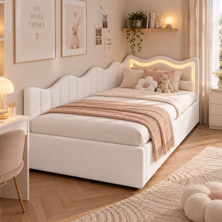 Letto imbottito trasformabile in divano, dimensioni 90x200 cm, con illuminazione LED, contenitore a sollevamento idraulico, letto per ragazzi/bambini con testiera e rete a doghe, colore bianco