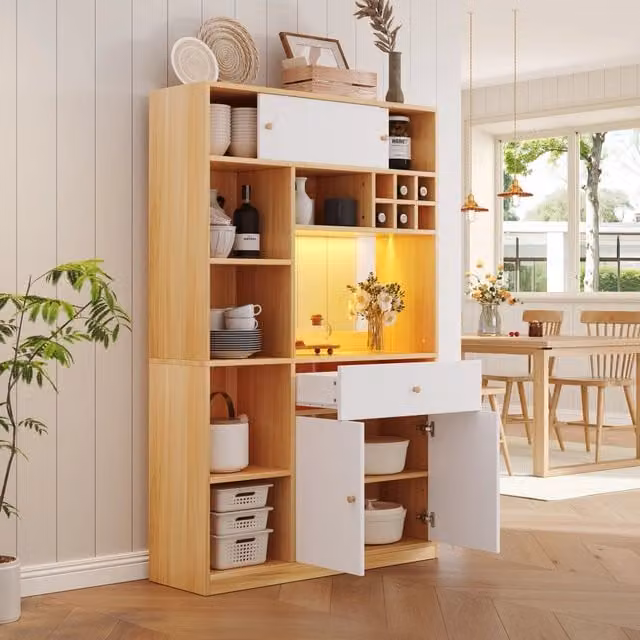 Mobile colonna da cucina Mivray con illuminazione LED integrata, 3 ante e ripiani aperti, bianco e beige, L/P/H: 115 x 35 x 180 cm