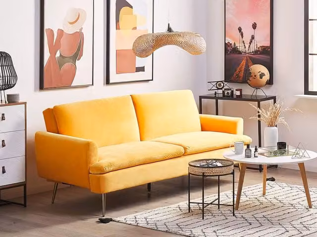 Divano Letto Click Clack Beliani in Velluto Giallo e Oro con Gambe in Metallo L: 210 cm, P: 84 cm, H: 43 cm