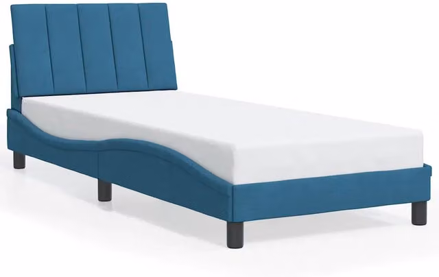 Letto singolo Hanko in velluto blu con struttura in legno e doghe in legno L: 80 cm, P: 200 cm – 1