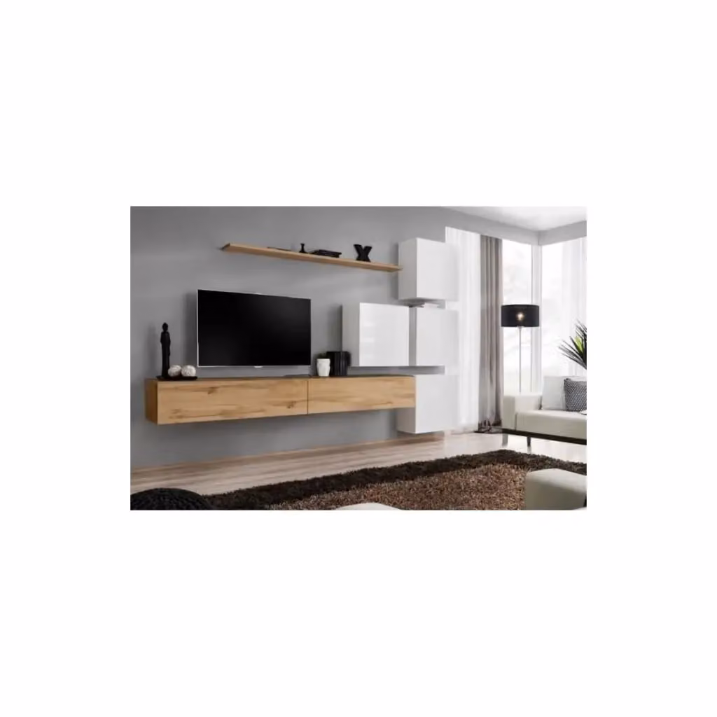 Composizione murale SWITCH IX Meublorama con mobile TV sospeso in quercia Wotan e bianco lucido L: 310 cm, H: 40 cm, P: 200 cm – 2