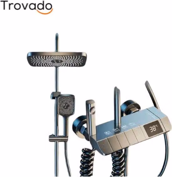 Set doccia in ABS grigio - Profilo quadrato - Doccetta - Doccetta a pioggia per bagno - Regolabile - Display digitale della temperatura - Completo - Doccetta a pioggia