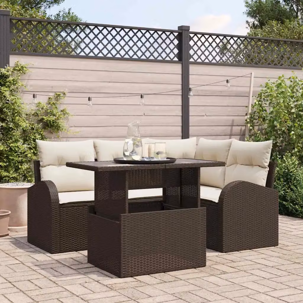 Set Divano da Giardino a L vidaXL 5 Pezzi Marrone con Cuscini e Tavolino in Polyrattan e Acciaio – 1