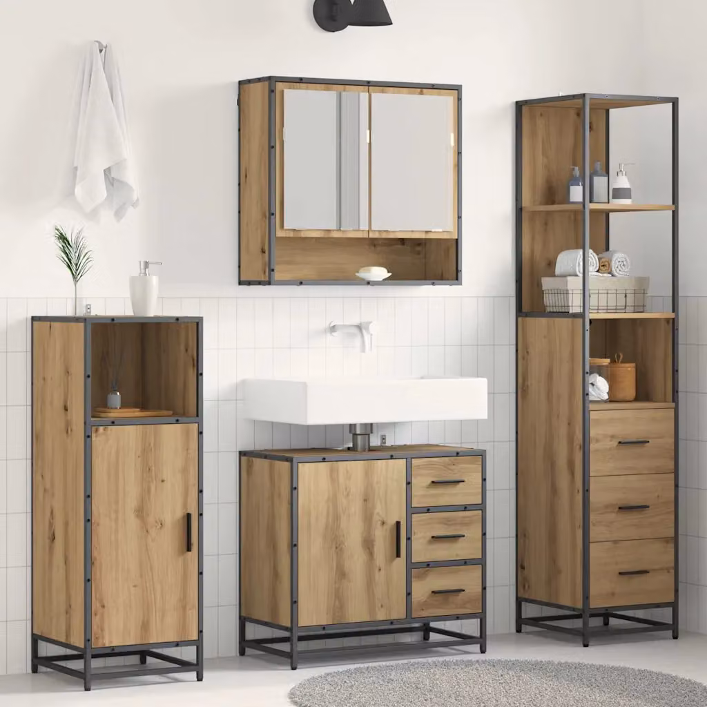 Set di mobili per il bagno vidaXL 3 pezzi in rovere con armadietto specchio, mobile lavabo e mobiletto laterale, marrone opaco