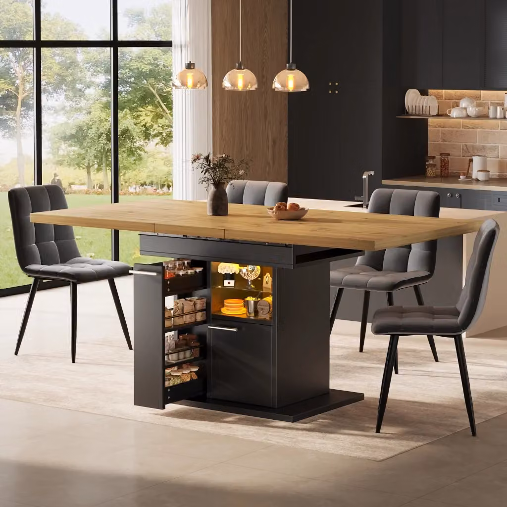 Tavolo da pranzo rettangolare allungabile WISHDOR con LED multicolore e vano contenitore in MDF nero e marrone – 2