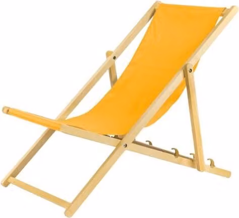 Set di 4 poltrone pieghevoli gialle in legno, con sistema di sicurezza. Sedia pieghevole, poltrona da spiaggia, poltrona da giardino