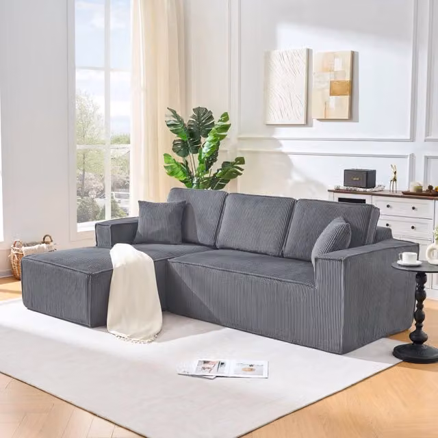 Divano angolare modulare Mivray in velluto a coste grigio con chaise longue reversibile e 2 cuscini inclusi L 235 x P 60 x H 128 cm