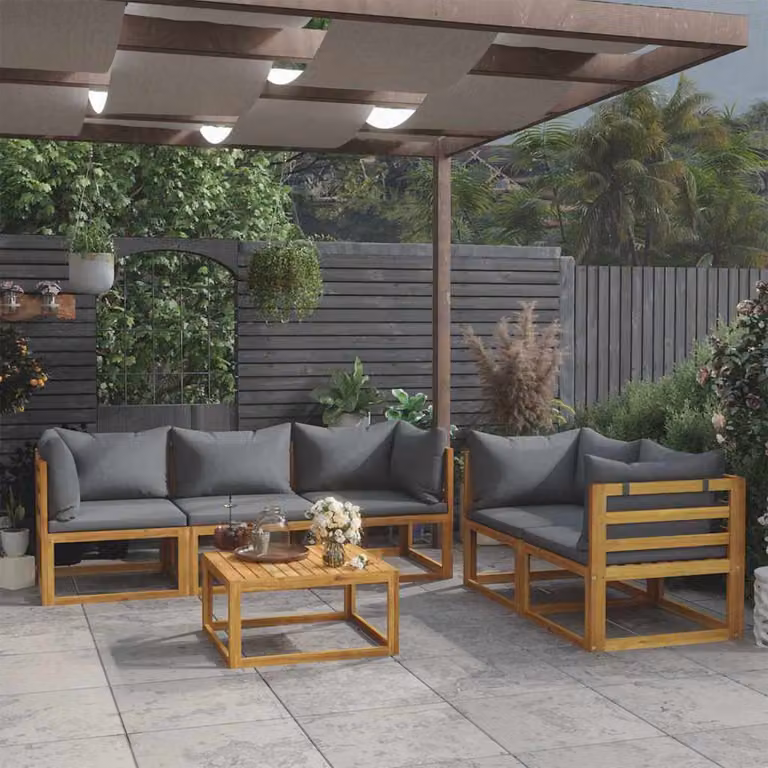 Set di divani da giardino vidaXL in legno di acacia con cuscini grigi e tavolino da esterno, 6 pezzi
