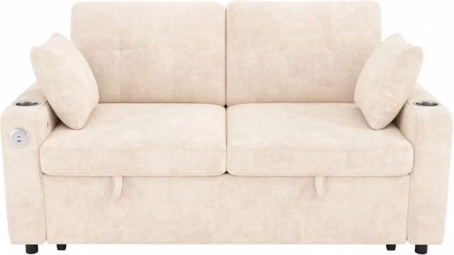 Divano 2 posti con funzione letto, LED, porte USB/Type-C, porta bevande e contenitori braccioli, cuscini inclusi, beige