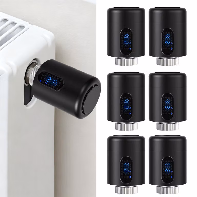 Set di 6 termostati per radiatori Ikodm, termostati smart Wi-Fi neri, controllo tramite app senza necessità di gateway, 7 adattatori per termostato
