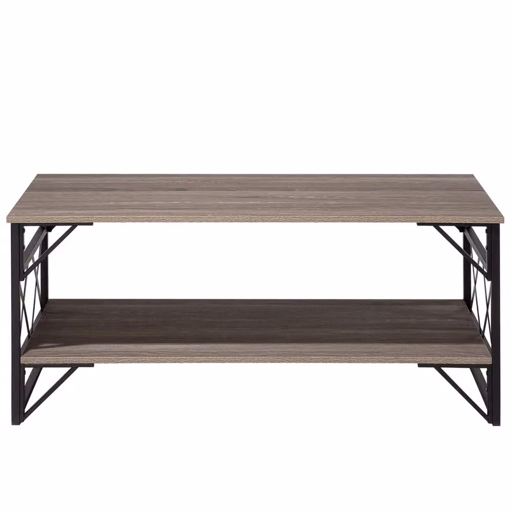 Tavolino da caffè Beliani in stile industrial con piano in legno color rovere e struttura in metallo nero, L: 120 cm, P: 60 cm, H: 40 cm – 2