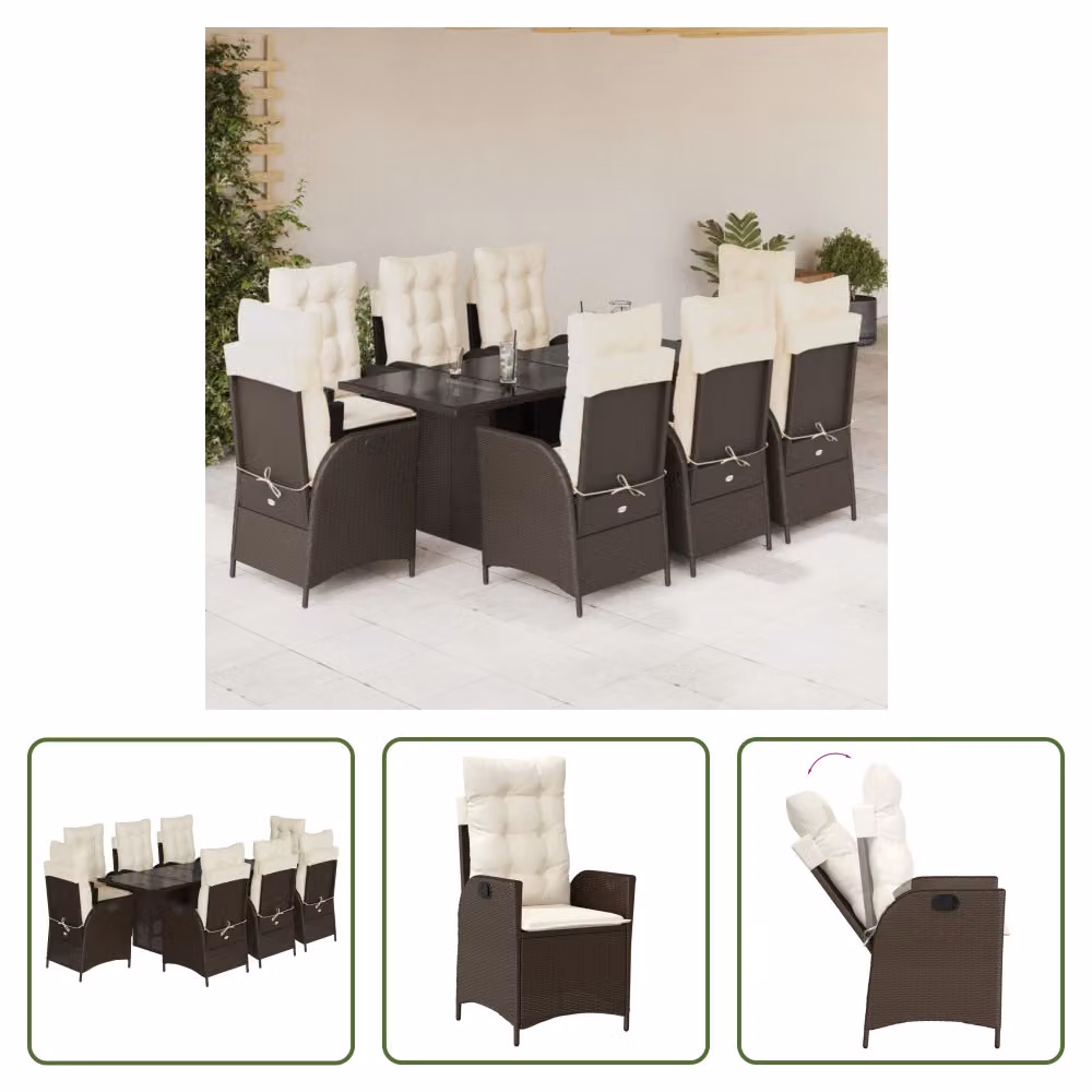 The Living Store Set da pranzo da giardino 9 pezzi con cuscini in polirattan marrone