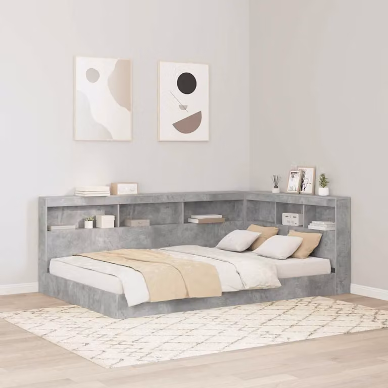 Testata letto con contenitore vidaXL Grigio cemento in legno e metallo con ripiani integrati e porta USB L: 217,5 cm, H: 137,5 cm, P: 76,5 cm
