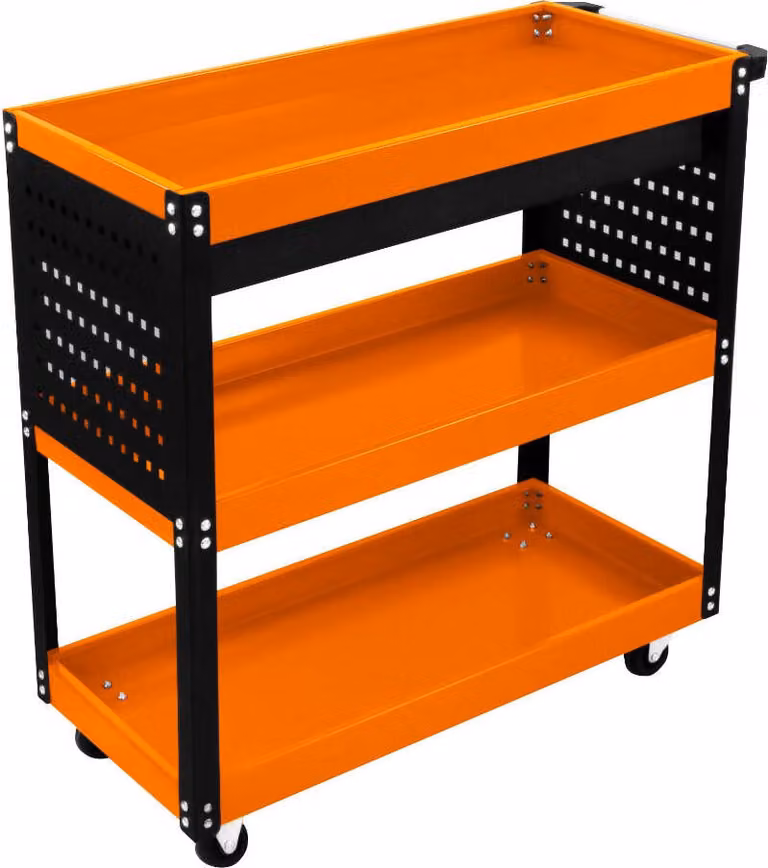 Carrello da officina in acciaio con 3 ripiani, cassetto con serratura, pannello portattrezzi, 4 ruote piroettanti, capacità di carico di 150 kg, dimensioni 79x81,4x36,4 cm