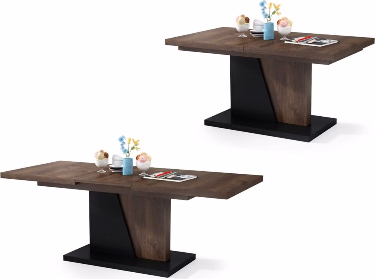 Tavolino Noel di All4All, tavolo da caffè, tavolino da soggiorno, tavolino da divano con ripiani, tavolo da pranzo con piano allungabile, dimensioni 120x70 cm, finitura noce marrone e nero