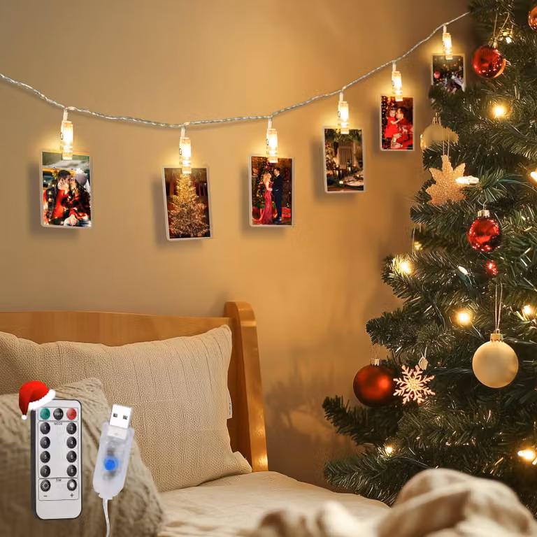 Catena luminosa a LED con clip, 6 metri, 40 LED, alimentazione USB, connettori trasparenti