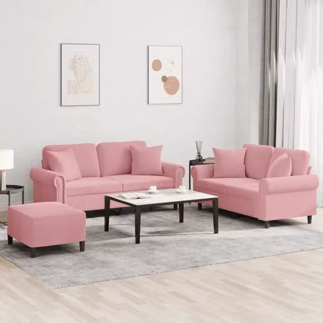 Set di divani 3 pezzi vidaXL in velluto rosa con cuscini per soggiorno in stile moderno – 1