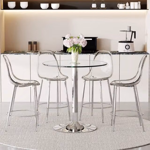 Set tavolo e sedie da bar con tavolo rotondo e 4 sgabelli per cucina, in vetro metallo e plastica argento trasparente