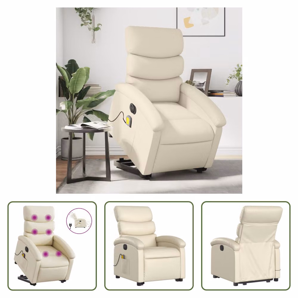 The Living Store Poltrona massaggiante con ausilio elettrico in ecopelle crema