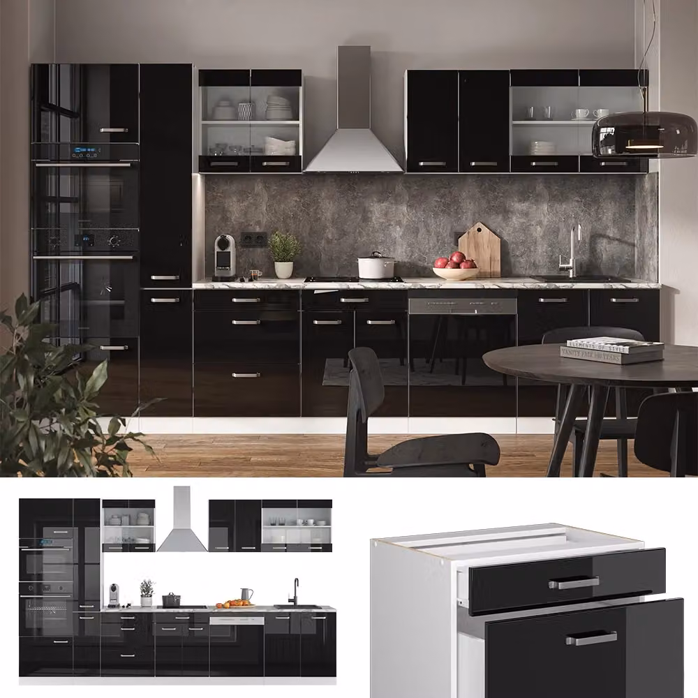 Cucina componibile moderna Vicco R-Line Nero lucido e Bianco con armadio alto, L: 350 cm – 2
