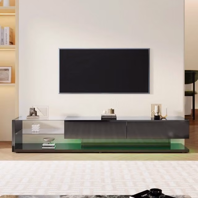 Mobile TV Lowboard soggiorno stile rustico moderno, finitura lucida, con divisori in vetro e illuminazione LED variabile