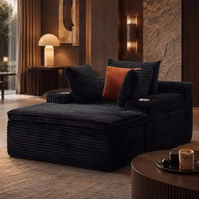 Poltrona da pavimento con chaise longue MIVRAY in velluto a coste nero con 3 cuscini e cuscino coperta 2 in 1