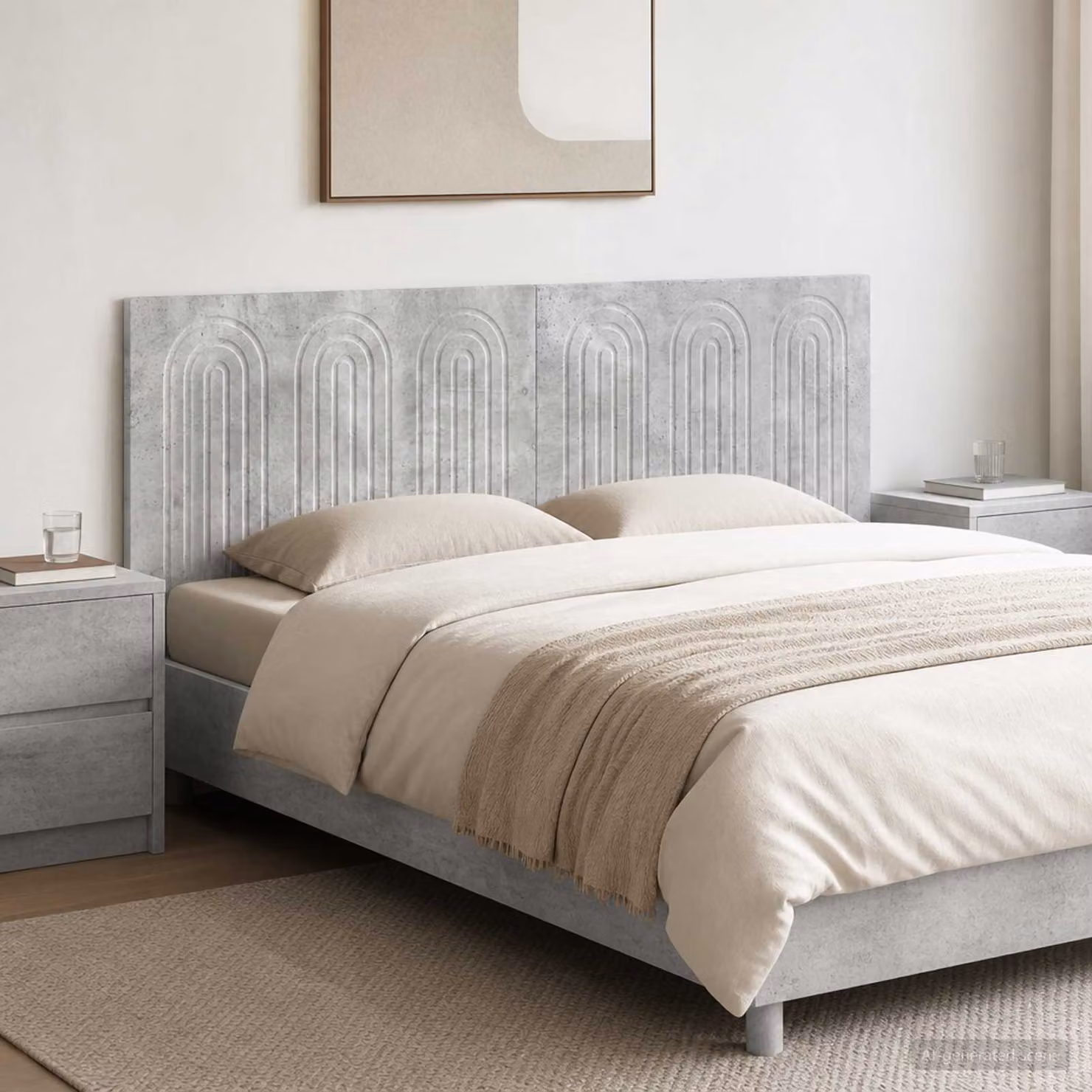 Testiera da muro vidaXL ALKMAAR in legno ingegnerizzato e tessuto, Grigio Cemento, L: 142 cm, H: 50 cm, P: 12,2 cm