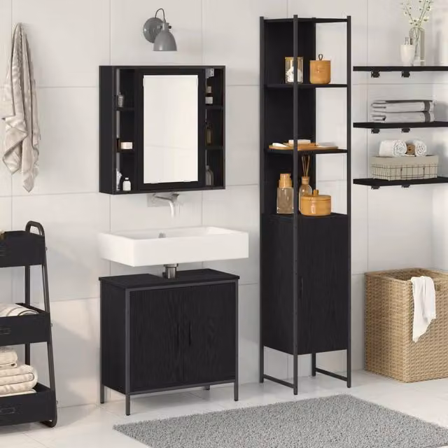 Set da bagno moderno vidaXL in legno nero lucido composto da armadietto a specchio, mobile sottolavabo e colonna alta, L/P/H: 33 x 33 x 185,5 cm