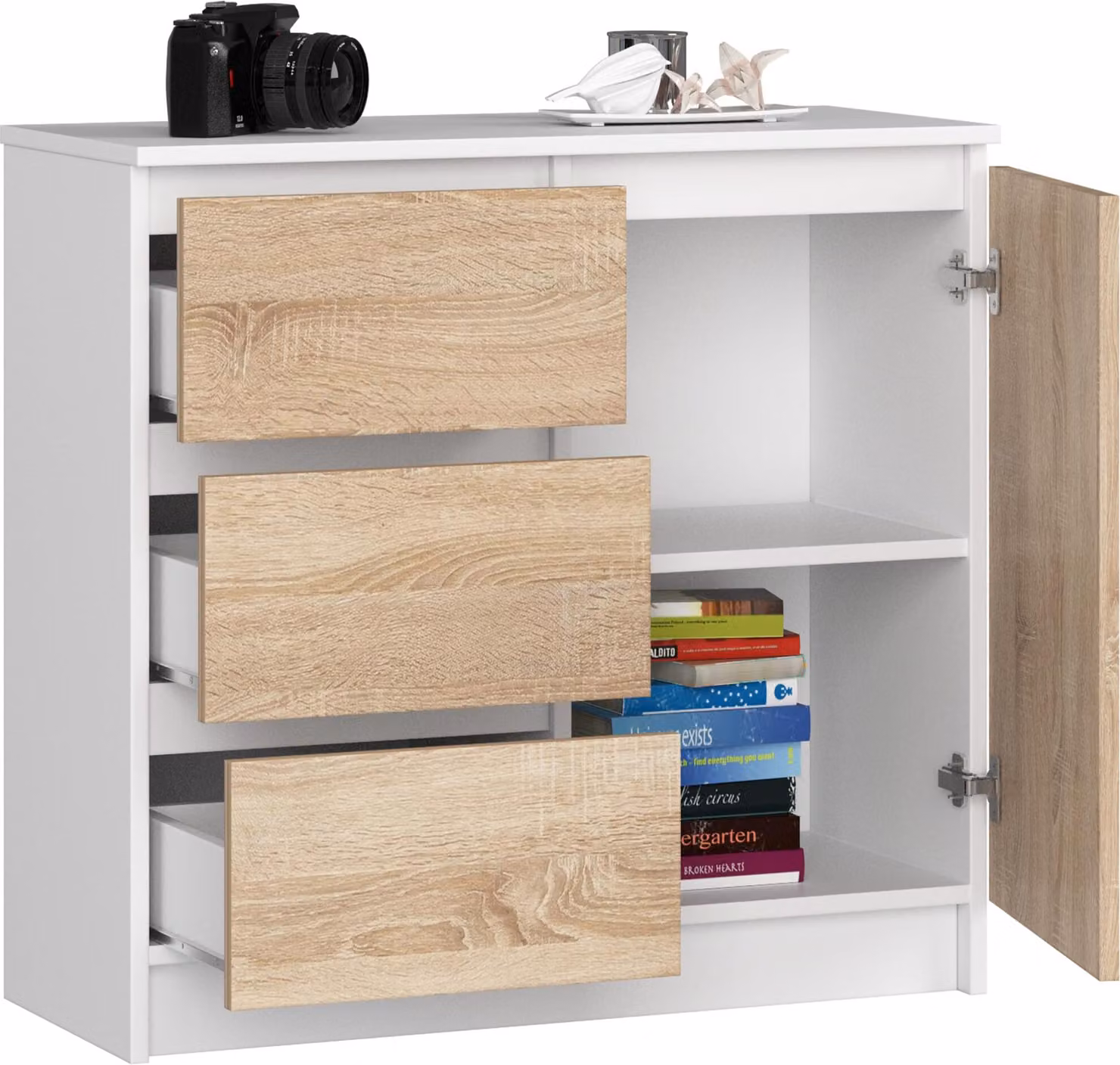 BDW, cassettiera, 3 cassetti, 1 anta, armadio, credenza, bianco / rovere Sonoma