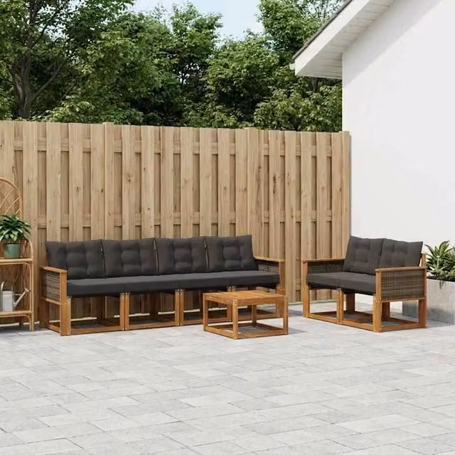 Set di divani da esterno a forma di U vidaXL in legno di acacia con tavolo da caffè e cuscini, Beige e Nero – 1