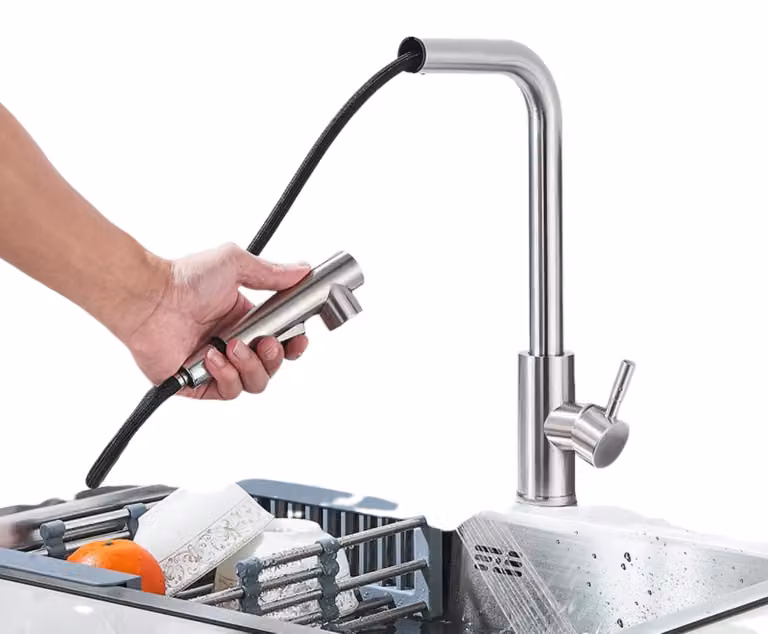 Rubinetto da cucina, con doccetta estraibile, miscelatore monocomando, finitura in nichel spazzolato